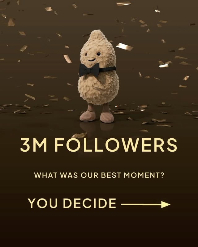 Jellycat Instagram post thanking followers for helping reach 3m followers. #sharingjoy